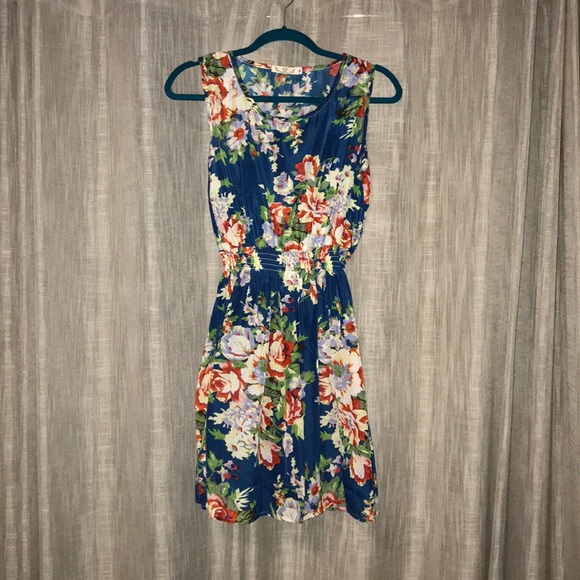 Blue Floral Dress with Elastic Waistline - Picture 1 of 3